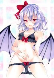 Rule 34 | 1girl, absurdres, arm behind back, bikini, bikini pull, black bikini, bow, bow bikini, breasts, brush, cleavage, clothes pull, collarbone, demon wings, fang, hair between eyes, hair bow, highres, looking at viewer, marker (medium), medium hair, open mouth, purple wings, red bow, red eyes, remilia scarlet, sideboob, silver hair, small breasts, solo, swimsuit, touhou, traditional media, white background, wings, yuiki (cube)