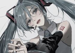 Rule 34 | 1girl, aqua hair, bare shoulders, black sleeves, collared shirt, detached sleeves, grey background, grey eyes, hair ornament, hatsune miku, headset, highres, kirochy, long hair, long sleeves, looking at viewer, nail polish, own hands together, parted lips, shirt, sleeveless, sleeveless shirt, solo, twintails, upper body, vocaloid