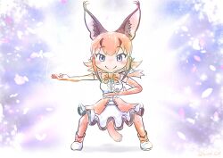 Rule 34 | 1girl, animal ears, belt, blue eyes, boots, bow, bowtie, caracal (kemono friends), cat ears, cat girl, cat tail, elbow gloves, extra ears, full body, gloves, highres, kemono friends, kemono friends v project, long hair, looking at viewer, microphone, orange hair, saival cat, shirt, simple background, skirt, sleeveless, sleeveless shirt, solo, tail, thighhighs, virtual youtuber