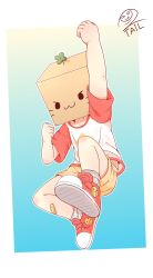 Rule 34 | 1boy, arms up, artist request, bag, bandages, cat cutout, child, clothing cutout, clover, commentary, faceless, faceless male, four-leaf clover, highres, image sample, jumping, legs, male focus, original, shorts, simple background, socks, twitter sample, uwu