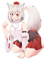 Rule 34 | 1girl, animal ear fluff, animal ears, barefoot, black skirt, detached sleeves, fang, full body, hat, inubashiri momiji, looking at viewer, open mouth, pom pom (clothes), red eyes, red hat, red skirt, ribbon-trimmed sleeves, ribbon trim, rururiaru, seiza, shirt, simple background, sitting, skirt, smile, solo, tail, tokin hat, touhou, two-tone skirt, white background, white shirt, wide sleeves, wolf ears, wolf girl, wolf tail