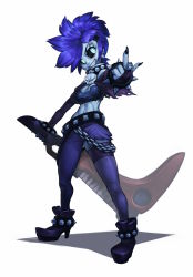 Rule 34 | 1girl, black sclera, blue eyes, blue hair, boots, breasts, chain, cleavage, colored sclera, fingerless gloves, gloves, grin, hair ornament, hairclip, instrument, jewelry, keytar, koi drake, matching hair/eyes, mohawk, navel, original, pants, roxanne (koi drake), short hair, simple background, skull, smile, solo, standing, white background