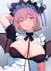 Rule 34 | 1girl, alternate costume, apron, arm behind head, black dress, black ribbon, blue horns, blue ribbon, blush, breasts, breasts apart, brown wings, closed mouth, collar, collarbone, demon horns, demon wings, detached collar, dress, enmaided, frilled apron, frilled headwear, frills, gradient background, grey background, gridman universe, hair between eyes, highres, horns, kamidan, large breasts, looking at viewer, maid, maid headdress, medium hair, neck ribbon, pink eyes, pink hair, pink lips, ribbon, ribbon-trimmed headwear, ribbon trim, shinjou akane, short sleeves, smile, solo, ssss.gridman, upper body, waist apron, white apron, white collar, white headdress, wings