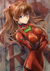 Rule 34 | 1girl, artist request, blue eyes, bodysuit, breasts, closed mouth, collarbone, covered collarbone, covered erect nipples, covered navel, curvy, female focus, floating hair, gloves, hair between eyes, hair ornament, highres, interface headset, long hair, looking at viewer, medium breasts, neon genesis evangelion, nerv, open mouth, plugsuit, shiny clothes, skin tight, solo, souryuu asuka langley, turtleneck, twintails, two side up
