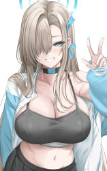 Rule 34 | 1girl, 27h kikyo, absurdres, asuna (blue archive), black skirt, black sports bra, blue archive, blue eyes, blue jacket, blue nails, blue ribbon, breasts, cleavage, grin, hair over one eye, hair ribbon, hand up, highres, jacket, large breasts, light brown hair, long hair, looking at viewer, navel, ribbon, skirt, smile, solo, sports bra, teeth, v, very long hair