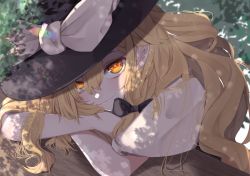 Rule 34 | 1girl, arm pillow, black bow, blonde hair, bow, crossed arms, dappled sunlight, day, hair between eyes, hair bow, hair ribbon, hat, head rest, highres, kirisame marisa, lipstick, long hair, looking at viewer, makeup, orange eyes, ribbon, short sleeves, smile, smirk, solo, sunlight, touhou, tress ribbon, tsune (tune), upper body, white bow, witch hat