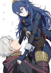 Rule 34 | 1boy, 1girl, ameno (a meno0), armor, black gloves, black robe, black sweater, blue cape, blue eyes, blue gloves, blue hair, blush, brown eyes, cape, carrying, carrying person, closed mouth, commentary, eye contact, fingerless gloves, fire emblem, fire emblem awakening, gloves, hood, hood down, hooded robe, long hair, long sleeves, looking at another, lucina (fire emblem), nintendo, pauldrons, petals, profile, red cape, ribbed sweater, robe, robin (fire emblem), robin (male) (fire emblem), short hair, shoulder armor, simple background, smile, sweater, tiara, turtleneck, turtleneck sweater, two-tone cape, white background, white hair