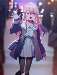 Rule 34 | 1girl, :d, bag, black coat, black pantyhose, blurry, blurry background, blush, city, city lights, coat, collarbone, food-themed hair ornament, hair between eyes, hair ornament, hairpin, hand up, high-waist skirt, highres, long hair, long sleeves, night, open clothes, open coat, open mouth, original, outdoors, pantyhose, pink hair, purple eyes, shoulder bag, signalviolet, skirt, smile, solo focus, strawberry hair ornament, waving, white skirt