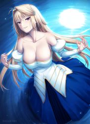 Rule 34 | 1girl, 2019, antenna hair, archetype earth, arcueid brunestud, blonde hair, blue skirt, breasts, cleavage, collarbone, dated, detached sleeves, floating hair, from above, grin, hair between eyes, hair intakes, large breasts, long hair, long skirt, long sleeves, looking at viewer, miyai sen, red eyes, reflecting pool, reflection, reflective water, skirt, smile, solo, strapless, tsukihime, very long hair, white sleeves