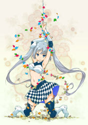 Rule 34 | 1girl, abstract background, arm guards, armor, armpits, arms up, black thighhighs, blue eyes, blue skirt, boots, breastplate, checkered clothes, checkered skirt, closed mouth, commentary, dot nose, falling leaves, floral background, full body, grey hair, hair ornament, hosoi mieko, knee boots, kneeling, leaf, legs apart, long hair, looking at viewer, midriff, miniskirt, miss monochrome, miss monochrome (character), navel, skirt, solo, thighhighs, torn clothes, torn thighhighs, twintails, two-sided fabric, two-sided skirt, vambraces, very long hair, white footwear, zettai ryouiki