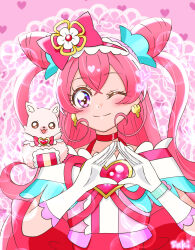 Rule 34 | 1girl, absurdres, back bow, blush, bow, brooch, choker, closed mouth, cone hair bun, cure precious, delicious party precure, double bun, earrings, flower, fox, frilled hairband, frills, gloves, hair bow, hair bun, hair flower, hair ornament, hairband, heart, heart background, heart brooch, highres, jewelry, kome-kome (precure), large bow, long hair, looking at viewer, magical girl, nagomi yui, one eye closed, pink background, pink bow, pink hair, pink hairband, pink theme, precure, purple eyes, red choker, saki (pixiv90771732), smile, straight-on, two side up, upper body, white gloves