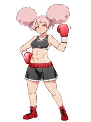 Rule 34 | 1girl, abs, afro puffs, black shorts, boxers, boxing gloves, chuatury panlunch, double bun, female focus, full body, gloves, gundam, gundam suisei no majo, hair bun, hanzo (2929), highres, looking at viewer, male underwear, muscular, muscular female, navel, pink eyes, pink hair, red footwear, shoes, shorts, solo, sports bra, stomach, underwear, white background