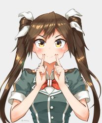Rule 34 | 1girl, blush, bow, bowtie, breasts, brown eyes, brown hair, buttons, green jacket, hair between eyes, hair ornament, hair ribbon, highres, izumikuma, jacket, kantai collection, long hair, looking at viewer, medium breasts, red bow, red bowtie, ribbon, short sleeves, smile, solo, tone (kancolle), twintails, white ribbon