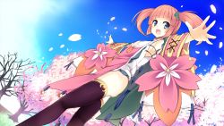Rule 34 | 1girl, black thighhighs, blue eyes, cherry blossoms, orange hair, original, short hair, solo, sukage, thighhighs, twintails
