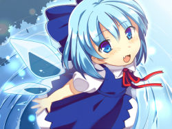 Rule 34 | 1girl, :d, bad id, bad pixiv id, blue hair, blush, cirno, dress, fang, ice, ice wings, looking at viewer, matatabi maru, open mouth, short hair, smile, solo, touhou, water, wings