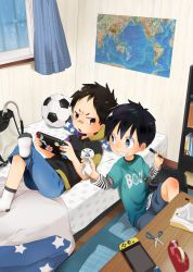 Rule 34 | 2boys, artist request, ball, bandaid, bandaid on face, bandaid on nose, bedroom, book, book stack, bookshelf, child, commentary request, curtains, highres, indoors, multiple boys, nintendo switch, original, room, shorts, soccer ball, translation request, window, wooden floor