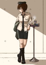 Rule 34 | 10s, 1girl, absurdres, alternate costume, ashtray, beret, black footwear, black necktie, black skirt, boots, brown eyes, brown hair, can, cigarette, cigarette pack, girls und panzer, hat, highres, holding, holding cigarette, hone (honehone083), jacket, unworn jacket, leaning on object, lighter, looking to the side, necktie, pencil skirt, profile, shirt, short hair, skirt, smoke, smoking, solo, standing, wing collar, yellow shirt