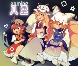 Rule 34 | 3girls, animal hat, bag, blonde hair, blue tabard, brown eyes, brown hair, cat girl, cat tail, chen, closed mouth, commentary request, controller, couch, dress, earrings, food, fox girl, fox tail, full body, game controller, gloves, hat, hat ribbon, heart, highres, holding, holding bag, holding controller, holding food, holding game controller, jewelry, long hair, long sleeves, medium hair, mob cap, multiple girls, multiple tails, neck ribbon, open mouth, paper bag, pillow, playing games, purple dress, red dress, red ribbon, ribbon, rune066, shirt, single earring, sitting, smile, star (symbol), tabard, tail, touhou, two tails, white dress, white footwear, white gloves, white headwear, white shirt, yakumo ran, yakumo yukari, yellow eyes