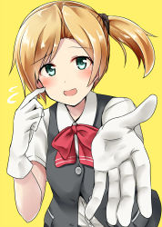 Rule 34 | 10s, 1girl, blonde hair, blouse, blush, buttons, collared shirt, finger to cheek, gloves, green eyes, hair ornament, highres, kamelie, kantai collection, looking at viewer, maikaze (kancolle), open hand, open mouth, parted bangs, ponytail, red ribbon, ribbon, school uniform, scrunchie, serafuku, shirt, short hair, simple background, smile, solo, vest, white gloves, white shirt, yellow background