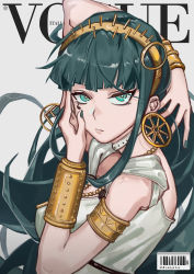 Rule 34 | 1girl, :/, absurdres, aqua eyes, aqua hair, aqua nails, arm behind head, arm up, bare shoulders, belt, blunt bangs, bracer, bright pupils, cleopatra (fate), cleopatra (third ascension) (fate), closed mouth, cover, dress, earrings, egyptian, eyebrows, eyelashes, eyeliner, facing away, fake cover, fate/grand order, fate (series), fingernails, hairband, hand on own cheek, hand on own face, highres, hoop earrings, jewelry, lips, long hair, looking at viewer, looking back, magazine cover, makeup, nail polish, necklace, parody, solo, tsurime, vogue (magazine), white belt, white dress, white pupils, yellow hairband