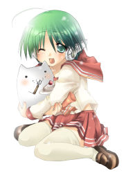 Rule 34 | cake, cat, food, green eyes, green hair, hikanyan, multi (to heart), one eye closed, pastry, robot ears, school uniform, short hair, skirt, thighhighs, to heart, to heart (series), wink