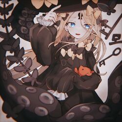 Rule 34 | 1girl, abigail williams (fate), black bow, black dress, black hat, blonde hair, blue eyes, bow, dress, fate/grand order, fate (series), grey background, hair bow, hat, holding, holding stuffed toy, key, keyhole, kometsubu (nanashi40 1), long hair, looking at viewer, multiple hair bows, orange bow, parted lips, sleeves past fingers, sleeves past wrists, smile, solo, stuffed animal, stuffed toy, suction cups, teddy bear, tentacles, upper body, witch hat