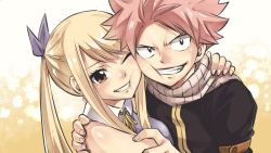 Rule 34 | 1boy, 1girl, arm around shoulder, black eyes, blonde hair, brown eyes, cheek-to-cheek, fairy tail, hand on another&#039;s back, hand on back, hands on another&#039;s shoulders, hands on shoulders, heads together, hiro mashima, hug, looking at viewer, lucy heartfilia, natsu dragneel, official art, one eye closed, pink hair, scarf, smile, tagme, teeth