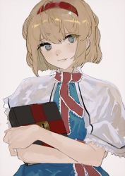 Rule 34 | 1girl, alice margatroid, bad id, bad pixiv id, blonde hair, blue dress, blue eyes, blush, book, capelet, dress, gotagotay, grimoire of alice, hair between eyes, hairband, head tilt, highres, holding, holding book, keyhole, looking to the side, parted lips, red hairband, red neckwear, red ribbon, ribbon, short hair, simple background, solo, touhou, upper body, white background, white capelet