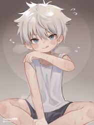 Rule 34 | &gt;:), 1boy, :q, absurdres, artist name, blue eyes, blush, brown background, chinese commentary, commentary request, commission, flying sweatdrops, hair between eyes, highres, hunter x hunter, indian style, killua zoldyck, looking at viewer, male focus, omurice (roza4957), shirt, short hair, short shorts, shorts, simple background, sitting, smile, solo, steaming body, sweat, tongue, tongue out, twitter username, v-shaped eyebrows, white hair, white shirt