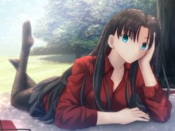 Rule 34 | 1girl, :o, arm support, black skirt, blue eyes, brown hair, collared shirt, fate/stay night, fate (series), grass, hair down, long sleeves, looking at viewer, lying, no shoes, on stomach, red shirt, shirt, shoori (migiha), skirt, solo, the pose, thighhighs, tohsaka rin, tree, type-moon