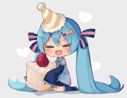 Rule 34 | &gt; &lt;, 1girl, :d, > <, aqua hair, aqua necktie, black footwear, black skirt, blush, boots, cake, cake slice, chibi, closed eyes, eating, fang, food, food on face, fruit, full body, grey shirt, hair ornament, hair ribbon, hairclip, hat, hatsune miku, heart, holding, holding cake, holding food, long hair, miniskirt, necktie, noamem, open mouth, party hat, pleated skirt, ribbon, shirt, sitting, skin fang, skirt, sleeveless, sleeveless shirt, sleeves past fingers, sleeves past wrists, smile, solo, strawberry, strawberry shortcake, thigh boots, twintails, very long hair, vocaloid, wariza, xd