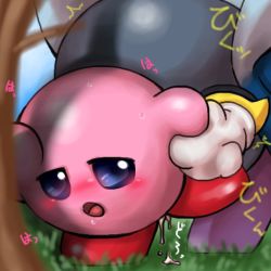 Rule 34 | 1boy, 1other, ^^^, afterglow, against tree, armor, blue eyes, blush, cape, colored skin, cum, cumdrip, day, doggystyle, drooling, gloves, grass, half-closed eyes, holding another&#039;s arm, japanese text, kirby, kirby (series), kurobedamu, leaning on object, leg up, looking at another, looking back, lowres, mask, unworn mask, meta knight, mittens, moaning, nintendo, no humans, open mouth, orgasm, outdoors, parted lips, pauldrons, saliva, sex, sex from behind, shoulder armor, size difference, sweat, sweatdrop, tareme, translated, tree