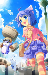 Rule 34 | 1girl, :d, ahoge, blue eyes, blue hair, blush, fang, fish, gloves, goggles, goggles on headwear, hat, highres, holding, leg up, masaki (machisora), open mouth, running, short hair, smile, star (symbol), striped clothes, striped thighhighs, summon night, summon night 2, tete, tete (summon night), thighhighs, water, yuel