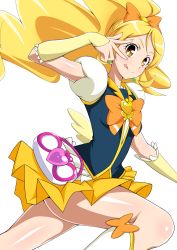Rule 34 | 10s, 1girl, :q, blonde hair, bow, brooch, brown eyes, cure honey, hair bow, happinesscharge precure!, heart, heart brooch, highres, jabara tornado, jewelry, long hair, looking at viewer, magical girl, oomori yuuko, ponytail, precure, simple background, skirt, solo, tongue, tongue out, white background, wide ponytail, yellow skirt