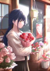 Rule 34 | 1girl, blue hair, blush, bouquet, display, flower, from side, highres, holding, holding bouquet, long hair, mother&#039;s day, original, plant, ponytail, potted plant, rose, solo, storefront, sweater, yellow eyes, yukimaru ai