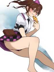 Rule 34 | 1girl, absurdres, barefoot, between breasts, black necktie, black skirt, breasts, brown eyes, brown hair, cellphone, checkered clothes, checkered skirt, collared shirt, commentary request, flip phone, foot out of frame, grin, hair between eyes, hat, highres, himekaidou hatate, holding, holding phone, legs, long bangs, long hair, looking at viewer, medium breasts, necktie, necktie between breasts, phone, pink hat, pouch, puffy short sleeves, puffy sleeves, purple skirt, shirt, short sleeves, skirt, smile, solo, tokin hat, touhou, twintails, white background, white shirt, yokuaka