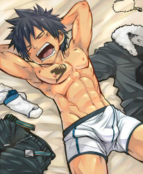 Rule 34 | 1boy, abs, armpits, arms behind head, bed sheet, belt, belt buckle, blush, boxer briefs, buckle, bulge, chest tattoo, closed eyes, clothes on floor, unworn clothes, cowboy shot, erection, erection under clothes, fairy tail, fur collar, gray fullbuster, jacket, unworn jacket, jewelry, unworn jewelry, lower teeth only, lying, male focus, male underwear, muscular, navel, necklace, unworn necklace, nipples, on back, open mouth, pants, unworn pants, pectorals, saliva, sleeping, socks, unworn socks, solo, tattoo, teeth, topless male, torakichi (ebitendon), underwear, upper teeth only, white boxer briefs, white male underwear, white socks
