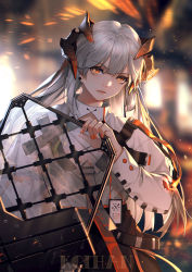 Rule 34 | 1girl, absurdres, arknights, artist name, blurry, blurry background, brown eyes, closed mouth, commentary request, demon horns, depth of field, ear piercing, embers, fingernails, gun, hair between eyes, highres, holding, holding gun, holding weapon, horns, jacket, koi han, long hair, long sleeves, looking at viewer, nail polish, orange nails, piercing, reflection, saria (arknights), signature, silver hair, solo, very long hair, weapon, white jacket