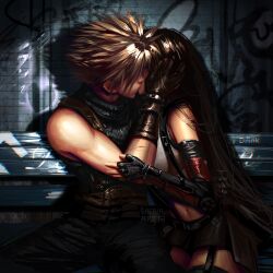 Rule 34 | 1boy, 1girl, absurdres, arm guards, bare shoulders, bench, black gloves, black hair, black skirt, black thighhighs, blonde hair, breasts, brown gloves, cloud strife, commentary, couple, crop top, english commentary, final fantasy, final fantasy vii, final fantasy vii remake, fingerless gloves, gloves, hand on another&#039;s arm, hand on another&#039;s face, hetero, highres, kiss, large breasts, long hair, midriff, navel, ribbed sweater, safaia, sitting, skirt, sleeveless, sleeveless turtleneck, spiked hair, suspender skirt, suspenders, sweater, tank top, thighhighs, tifa lockhart, turtleneck, turtleneck sweater, white tank top, zettai ryouiki