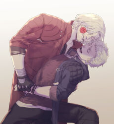 Rule 34 | 2boys, bishounen, colored eyelashes, dante (devil may cry), devil may cry (series), flower, flower in mouth, multiple boys, nero (devil may cry), red flower, red rose, rose, uncle and nephew, white hair, yuusya27
