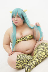 Rule 34 | 1girl, asian, belly, cosplay, fat, green hair, horns, lum, lum (cosplay), obese, photo (medium), sakuran watanabe, solo, urusei yatsura