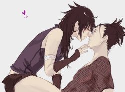 Rule 34 | 1boy, 1girl, bandaged arm, bandages, bare shoulders, black hair, blouse, face-to-face, fishnet top, fishnets, from side, genderswap, genderswap (mtf), girl on top, grey background, hand on another&#039;s chin, heart, lips, nara shikamaru, naruto, naruto (series), non-web source, noses touching, shirt, simple background, sleeveless, sleeveless shirt, spiked hair, uchiha sasuke