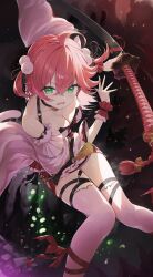 Rule 34 | 1girl, atatatatame01, bare shoulders, bell, black choker, breasts, choker, cleavage, green eyes, holding, holding weapon, hololive, katana, medium breasts, red hair, sakura miko, solo, sword, thighhighs, virtual youtuber, weapon, white thighhighs