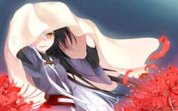 Rule 34 | 1girl, arms up, black hair, fang, female focus, flower, kisaragi yuki (sora saki), long hair, long sleeves, looking at viewer, multicolored hair, one eye covered, open mouth, original, red flower, simple background, smile, solo, teeth, tongue, two-tone hair, white hair, yellow eyes
