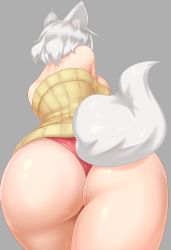 Rule 34 | 1girl, absurdres, animal ears, ass, bare shoulders, breasts, cowboy shot, from behind, grey background, highres, huge ass, huge breasts, inubashiri momiji, leaning forward, long sleeves, no pants, off-shoulder, off-shoulder sweater, off shoulder, panties, red panties, ribbed sweater, shiny skin, short hair, sideboob, silver hair, simple background, solo, striped, sweater, tail, thick thighs, thighs, tochinoko, touhou, underwear, vertical stripes, wide hips, wolf ears, wolf tail