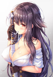 Rule 34 | 1girl, akashio (loli ace), azuma (azur lane), azur lane, bare shoulders, between breasts, black hair, breasts, brown gloves, cleavage, collarbone, commentary request, covered erect nipples, glint, gloves, hair flaps, hair ornament, hairclip, highres, holding, holding sword, holding weapon, katana, large breasts, long hair, looking at viewer, mouth hold, off shoulder, red eyes, sheath, shirt, sidelocks, solo, sword, underbust, unsheathing, upper body, weapon, white shirt