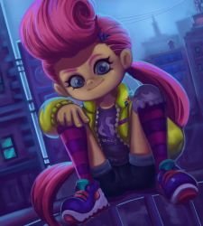 Rule 34 | 1girl, berecca (ninjala), blue eyes, child, city, cityscape, closed mouth, eco19, female focus, hair ornament, hairclip, hand on own knee, highres, jacket, knees up, long hair, ninjala, outdoors, pink hair, pompadour, ponytail, power lines, purple footwear, purple hair, purple thighhighs, shoes, shorts, sitting, smile, sneakers, solo, striped clothes, striped thighhighs, thighhighs, thighs, very long hair, yellow jacket