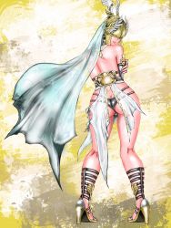 Rule 34 | 1girl, armor, artist request, ass, athena (musou orochi), bare shoulders, blonde hair, blush, braid, butt crack, from behind, full body, helmet, high heels, highres, long hair, looking at viewer, musou orochi, musou orochi 3, panties, shiny skin, showgirl skirt, smile, solo, standing, underwear, veil