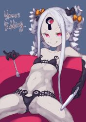 Rule 34 | 1girl, abigail williams (fate), abigail williams (swimsuit foreigner) (fate), abigail williams (swimsuit foreigner) (first ascension) (fate), bare shoulders, bikini, black bikini, black bow, bow, breasts, collarbone, colored skin, double bun, fate/grand order, fate (series), food, food on face, forehead, fork, hair bow, hair bun, highres, keyhole, knife, leaning back, licking lips, long hair, looking at viewer, navel, orange bow, parted bangs, polka dot, polka dot bow, puddinghomhom, red eyes, sidelocks, sitting, small breasts, smile, solo, spread legs, swimsuit, thighs, third eye, tongue, tongue out, twintails, very long hair, white hair, white skin