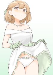 Rule 34 | 1girl, akara kai, blush, braid, breasts, brown eyes, brown hair, cleavage, collared shirt, dress, embarrassed, gloves, green background, green dress, green gloves, hair ribbon, highres, jewelry, kantai collection, lifted by self, looking at viewer, medium breasts, necklace, panties, ribbon, shirt, side braid, solo, sweat, underwear, white panties